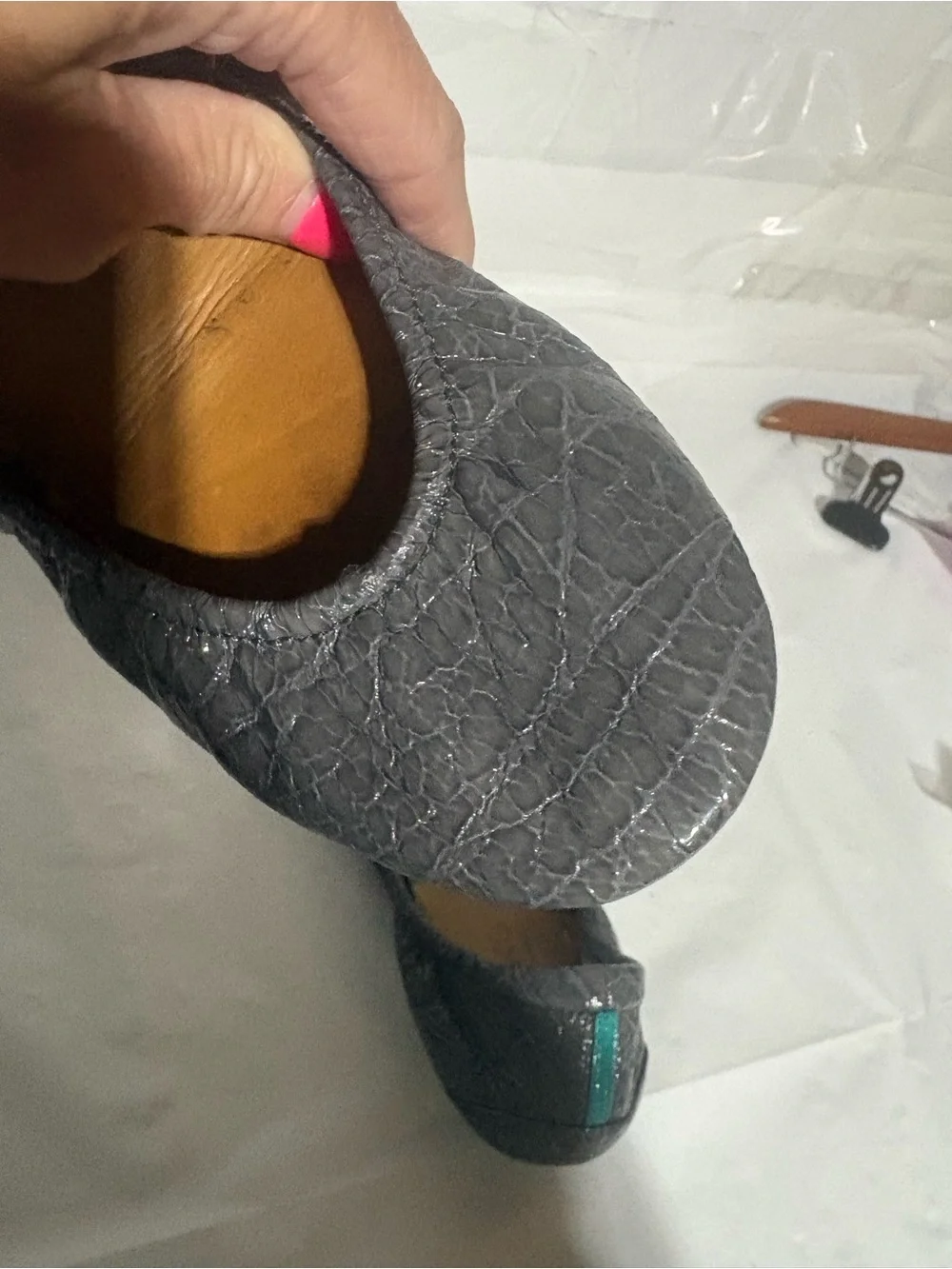 Tieks Gray Croc Patent Ballet Flat with Teal Sole Trim